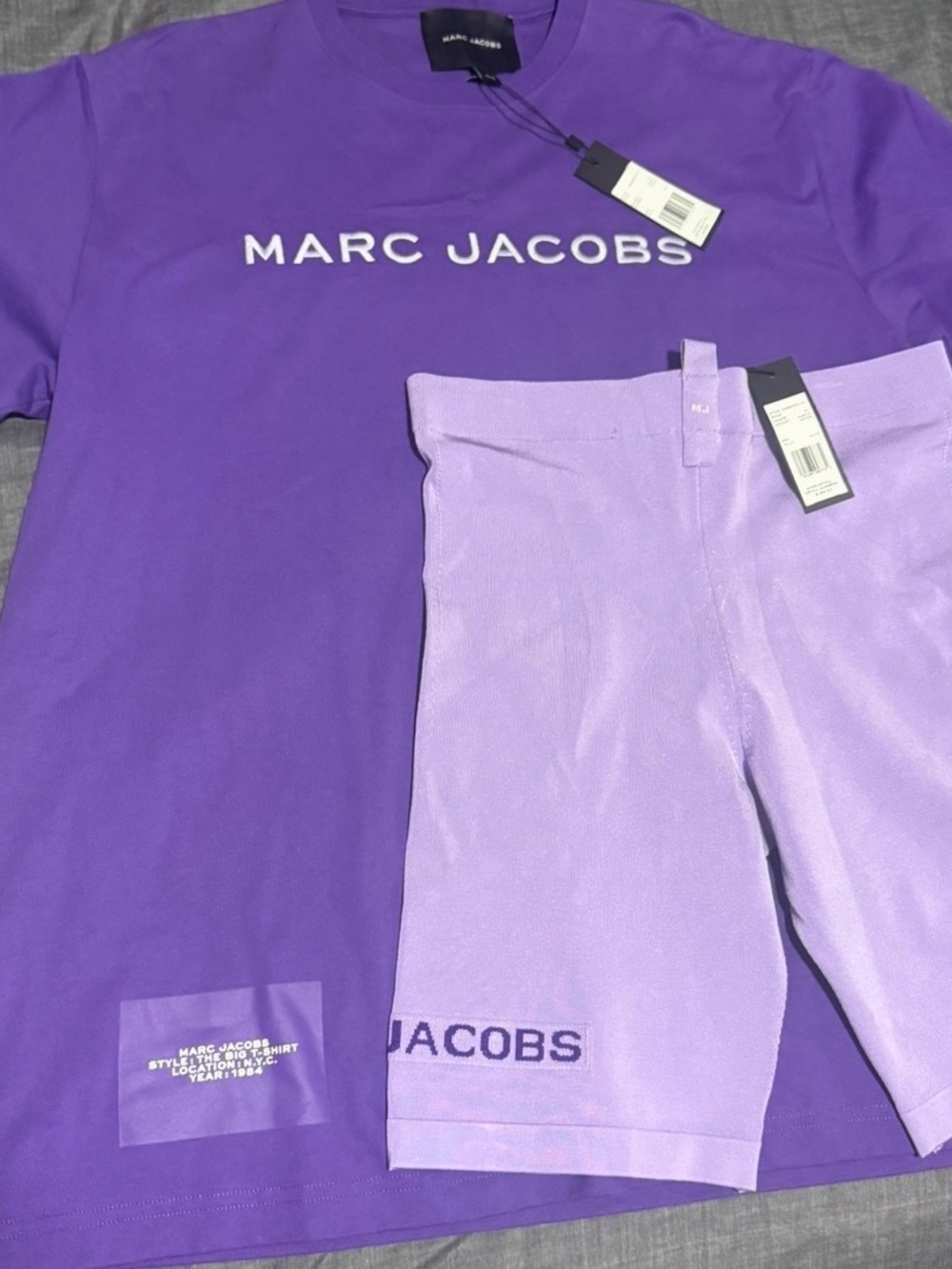Marc Jacobs womens Purple Logo Bike Shorts and shirt - Picture 2 of 6